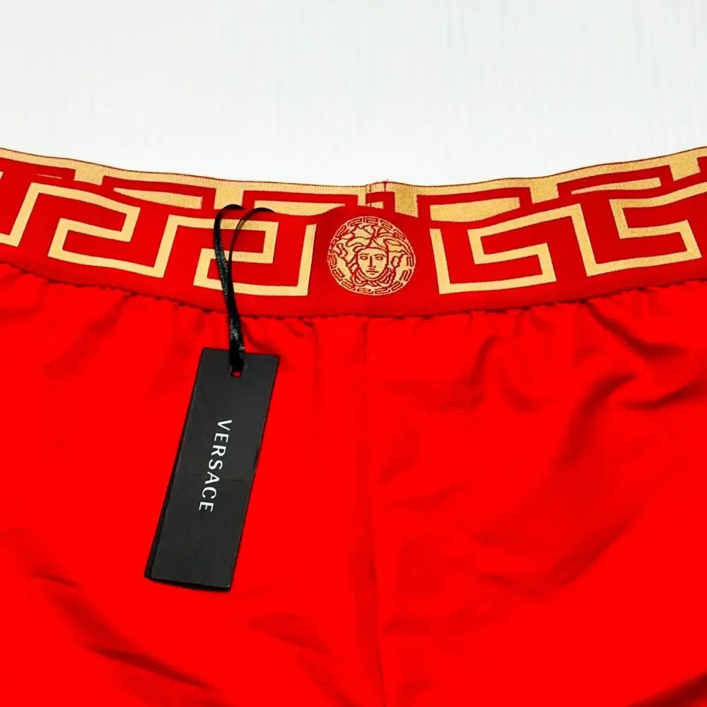 NWT Versace Greca Border Swim Shorts IT 8 US 2XL Red Medusa Logo Elastic Waist